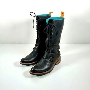 pskaufman No. 1036 Tarmac Tall Buckle Lace Up Black Leather Boots - Size 9.5B